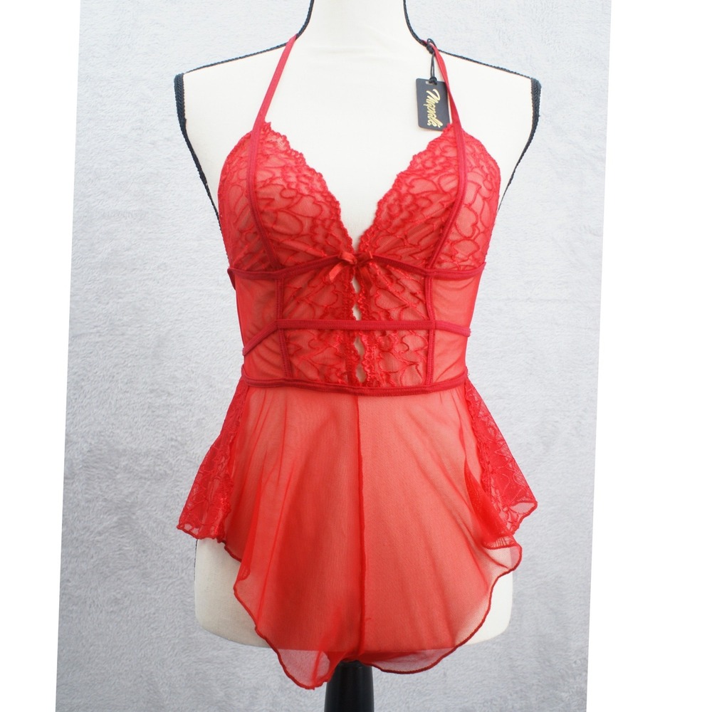 Mapale Red‎ Lace Heart Babydoll Romper Halter Lingerie 7445 L/XL New